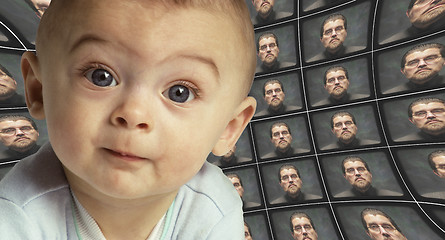 Image showing A baby facing the camera surrounded by distorted screens of an O