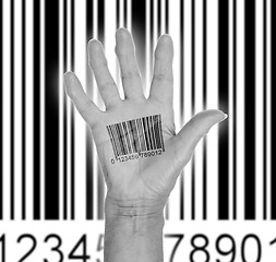 Image showing Open hand with barcode