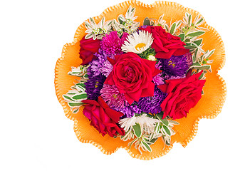 Image showing Bunch of flowers: roses, asters, camomiles on a white background