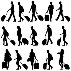 Image showing Black silhouettes travelers with suitcases on white background. 