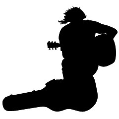 Image showing Silhouette musician guitar player sitting on the case. Vector il