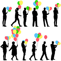 Image showing Black silhouettes of beautiful mans with balloons and womans on 