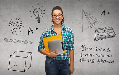 Image showing student in eyeglasses with folders and tablet pc