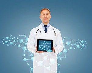 Image showing smiling male doctor with tablet pc and stethoscope