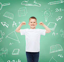 Image showing little boy in white t-shirt with raised hands