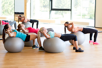 Image showing group of smiling women with exercise balls in gym