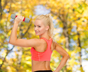 Image showing young sporty woman with light dumbbell