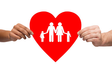 Image showing couple hands holding red heart with family