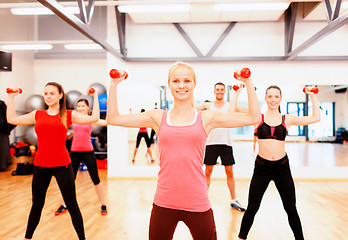 Image showing group of smiling people working out with dumbbells