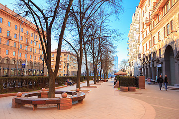 Image showing People walking on the sidewalk on Lenin Street in spring in Mins