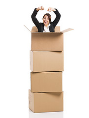 Image showing Business woman appear inside card boxes