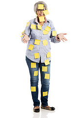 Image showing Elderly woman with yellow notes