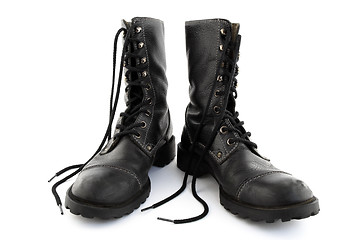 Image showing Army style black leather boots with laces