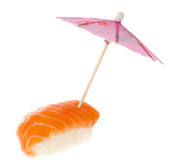 Image showing Sushi - Salmon Nigiri with umbrella

