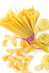 Image showing Mixed uncooked raw italian pasta with spaghetti