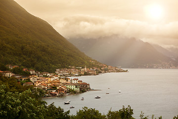 Image showing View of italian village on Como lake in sunlight