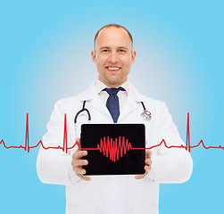 Image showing smiling male doctor with stethoscope and tablet pc