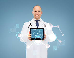 Image showing smiling male doctor with stethoscope and tablet pc