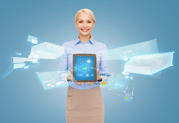 Image showing businesswoman holding tablet pc with hologram