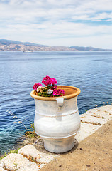Image showing Flower pot over Aegean Sea in Hydra, Greece