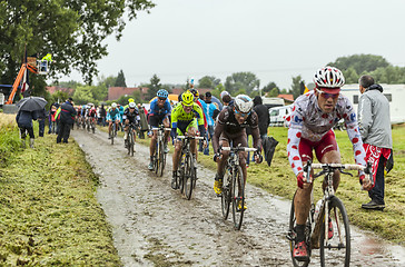 Image showing The Peloton on a Cobbled Road- Tour de France 2014