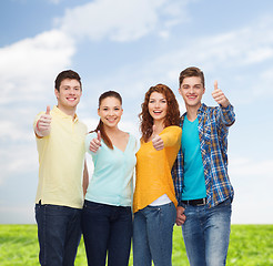 Image showing group of smiling teenagers over blue sky and grass