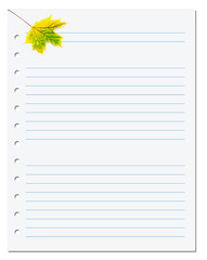 Image showing Notebook paper with yellow autumn maple leaf on white