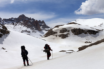 Image showing Two hikers in snowy mountains