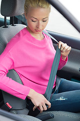Image showing Women driver fastening her seat belt