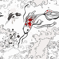 Image showing Koi fishes. Sea background. Hand drawn