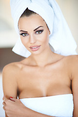 Image showing Portrait of Woman Wearing White Bath Towel
