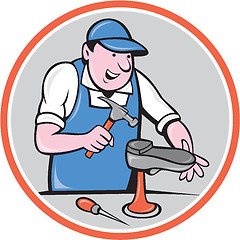 Image showing Shoemaker With Hammer Shoe Circle Cartoon