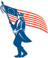 Image showing American Patriot Soldier Waving USA Flag Circle Retro