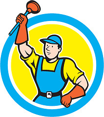 Image showing Super Plumber With Plunger Circle Cartoon