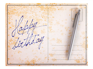 Image showing Old paper postcard - Happy birthday