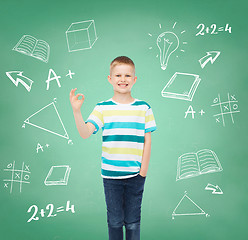 Image showing little boy in casual clothes making OK gesture