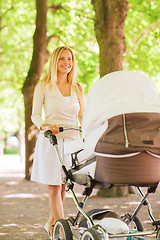 Image showing happy mother with stroller in park