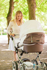 Image showing happy mother with stroller in park