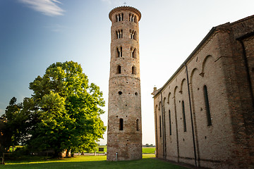 Image showing Romanesque cylindrical bell tower of countryside church