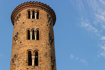 Image showing Romanesque cylindrical bell tower of countryside church