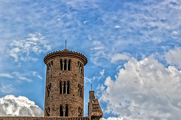 Image showing Romanesque cylindrical bell tower of countryside church