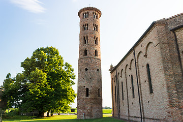 Image showing Romanesque cylindrical bell tower of countryside church