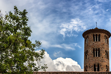 Image showing Romanesque cylindrical bell tower of countryside church