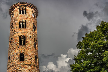 Image showing Romanesque cylindrical bell tower of countryside church