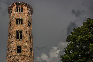 Image showing Romanesque cylindrical bell tower of countryside church