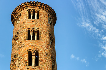 Image showing Romanesque cylindrical bell tower of countryside church