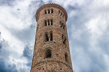 Image showing Romanesque cylindrical bell tower of countryside church