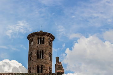 Image showing Romanesque cylindrical bell tower of countryside church