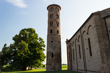 Image showing Romanesque cylindrical bell tower of countryside church