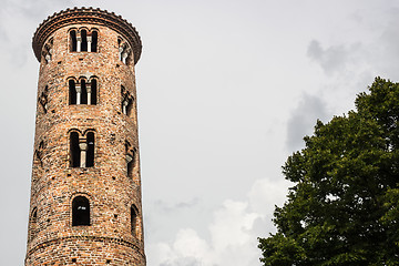 Image showing Romanesque cylindrical bell tower of countryside church